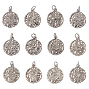 Vintage Copper Zodiac Pendant Hammered Texture Round Constellation Charms For DIY Necklace Bracelet Jewelry Making Supplies