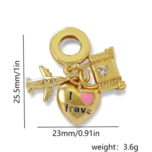 Gold plated copper airplane heart suitcase charm DIY jewelry accessory for bracelet making