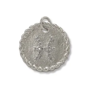 Close up detail of a silver tone Pisces zodiac round pendant with micro pave zirconia.