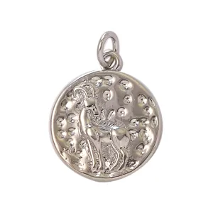 Detailed view of the silver-tone Capricorn zodiac sign metal coin pendant with textured surface.