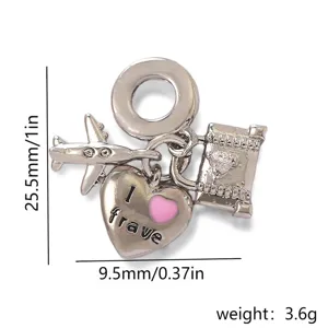 Travel theme DIY charm pendant with plane heart and suitcase design for jewelry making.