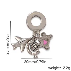 Travel theme charm pendant detail showing airplane globe suitcase design and dimensions.