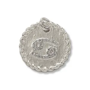 Detailed view of the Cancer zodiac coin pendant, micro-set cubic zirconia, silver finish.