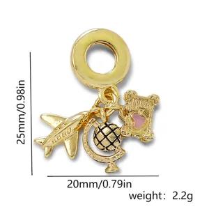 Gold plated airplane globe heart charm pendant DIY jewelry accessory size detail view