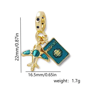 Gold-plated copper enamel airplane and passport charm pendant for DIY jewelry making.
