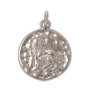 Silver leo zodiac coin pendant detail shot, vintage style metal charm for DIY necklace jewelry.