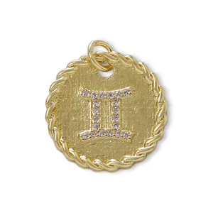 Gold Gemini zodiac pendant necklace charm, copper micro pave cubic zirconia round detail.
