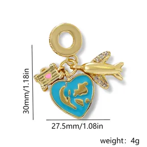 Gold-plated airplane globe heart charm pendant detail, enamel and crystal inlay DIY accessory.