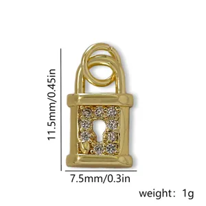 Gedetailleerd overzicht van gouden hangslot hanger met zirkoon, afmeting 11,5x7,5mm, 1g.