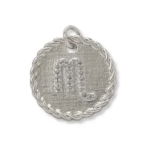 Exquisite silver tone micro pave zirconia Scorpio zodiac round pendant detail close up.