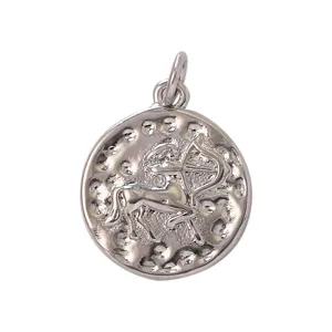 Sagittarius zodiac pendant charm, silver tone hammered metal round DIY jewelry finding.