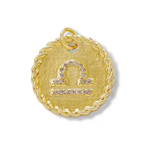 Exquisite 18k gold plated copper zodiac Libra pendant with micro inlay zircon rope edge detail.