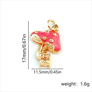 Gold-plated enamel mushroom and frog pendant charm for DIY jewelry making and necklace accessories.
