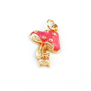 Cute pink enamel mushroom and little frog pendant charm for DIY necklace jewelry making.