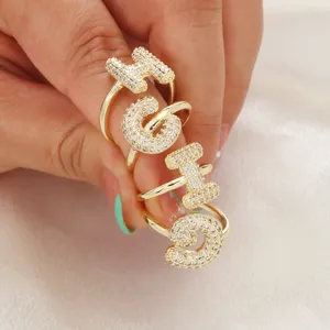 Anelli con lettere dell'alfabeto in zircone pavé placcato oro gioielli regolabili