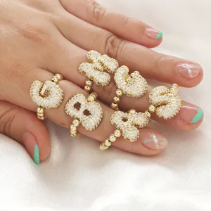 Europese stijl bubbel letter ringen koper micro-pave zirkonia elastische kralen verstelbaar