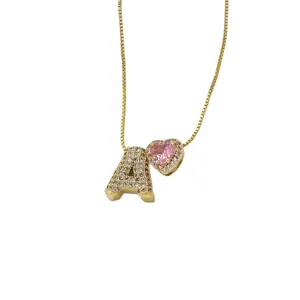 Gouden Letter A Hanger Ketting met Roze Hart Zirkoon Geboortesteen Sieraden voor Vrouwen