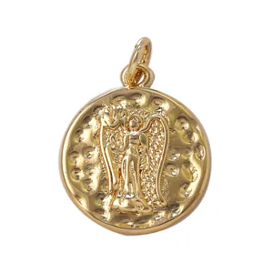 Golden angel pendant detail view, 18k gold plated brass DIY jewelry making accessory.