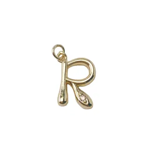 Gold letter R pendant detail, brass 18k gold plated DIY jewelry accessory with crystal stone.