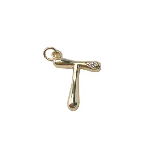 Gold Letter T Pendant 18K Plated Brass Small Rhinestone Charm DIY Necklace Jewelry Detail