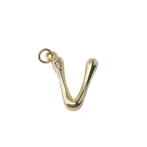 Gold plated brass letter V pendant with sparkling crystal charm for DIY necklace jewelry.