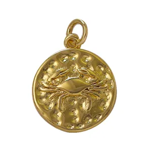 Gold plated zodiac pendant charm, Cancer crab design coin necklace jewelry accessory.