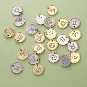 Copper Micro Inlaid Zirconia Twelve Constellation Coin Pendant For Necklace Bracelet DIY Jewelry Accessories Round Zodiac Charm