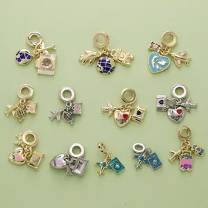 DIY Jewelry Charms Travel Theme Gold Plated Copper Drip Oil Airplane Earth Heart Camera Passport Pendants Jewelry Making Women