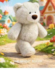 Close-up detail shot of a fluffy white teddy bear toy in a fairy-tale outdoor scene.