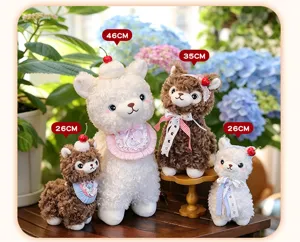 Cute alpaca plush toy detail featuring cherry dessert hat and lace scarf in multiple sizes.