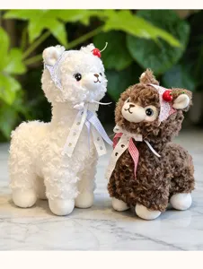 Cute alpaca plush toy set with cherry and bow decorations, soft stuffed animal doll gift for kids.