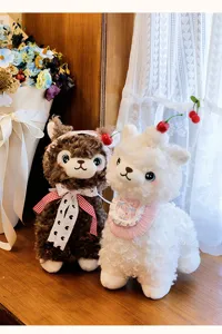 Cute plush alpaca doll with cherry decoration, soft stuffed sheep toy for kids and gift.