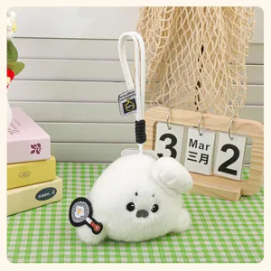 Cute white seal plush pendant with chef hat, soft stuffed animal bag charm for girls and gifts.