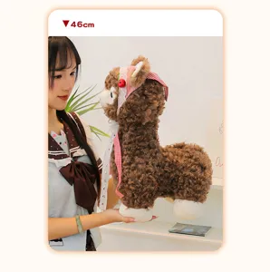Cute brown curly alpaca plush toy 46cm soft stuffed animal doll with red plaid scarf gift