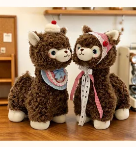 Cute brown alpaca plush toy with cherry hat and scarf, soft stuffed animal doll gift.