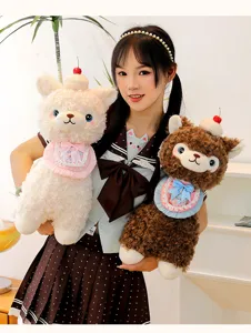 Cute dessert alpaca plush toy detail, soft fluffy sheep doll with cherry hat and bib.