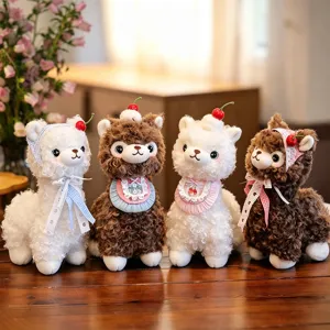 Cute alpaca plush toy with sweet cherry and lace scarf, soft stuffed animal doll gift.