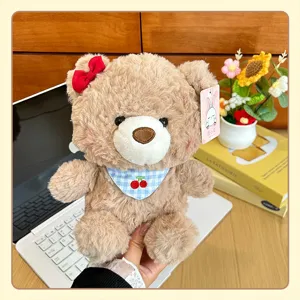 Süßer brauner Teddybär Plüschtier mit roter Schleife und Kirsch Lätzchen weiche Puppe.