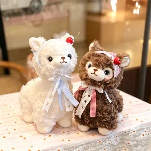 Cute sheep alpaca plush toy set with cherry and bow decoration, soft stuffed doll for kids gift.
