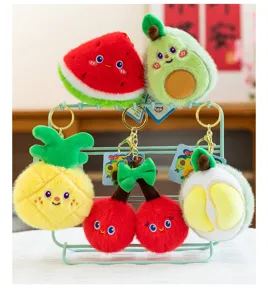 Porte-clés en peluche fruits mignons, pendentifs de sac à dos pastèque et ananas doux et moelleux.