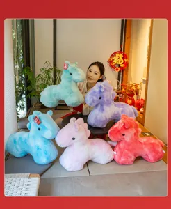 Colorful plush horse toy detail view, cute pony pillow design for kids and new year gift.