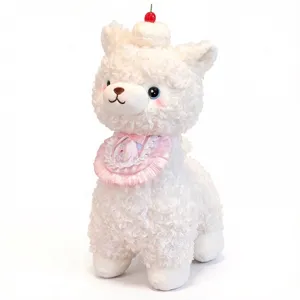 Cute white fluffy alpaca plush toy doll with dessert hat and pink bib for kids and gifts.