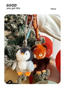 Cute cartoon animal plush keychain pair, soft stuffed penguin and panda hanging ornament.