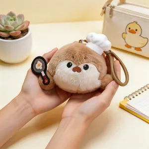 Cute plush otter keychain with chef hat and frying egg pendant for bag decoration accessory