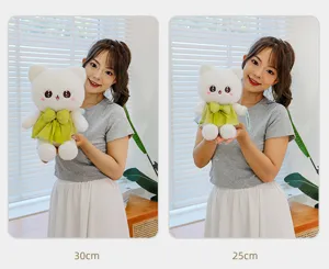 Cute princess cat plush toy with bow and dress, soft stuffed animal doll, 30cm and 25cm sizes.