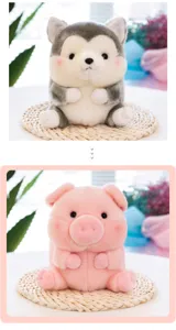 Cute cartoon spherical animal plush toy detail, soft husky and pig doll for gifts.