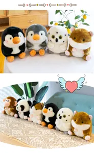 Cute round animal plush toys, soft stuffed penguin, hamster and panda doll toys.