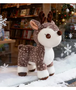 Vista dettagliata del simpatico peluche di cervo sika, con tessuto morbido e bel design.