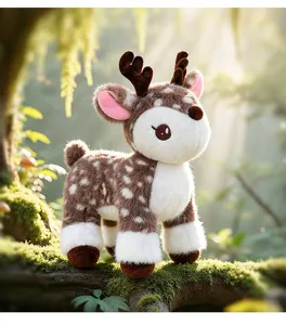 Dettaglio peluche cervo sika carino, consistenza soffice, posato su ramo muschioso, bosco.