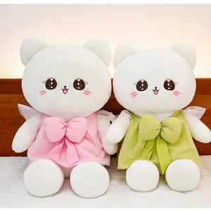 Cute plush cat toy detail, soft pink and green dresses with bows, perfect companion doll pillow.